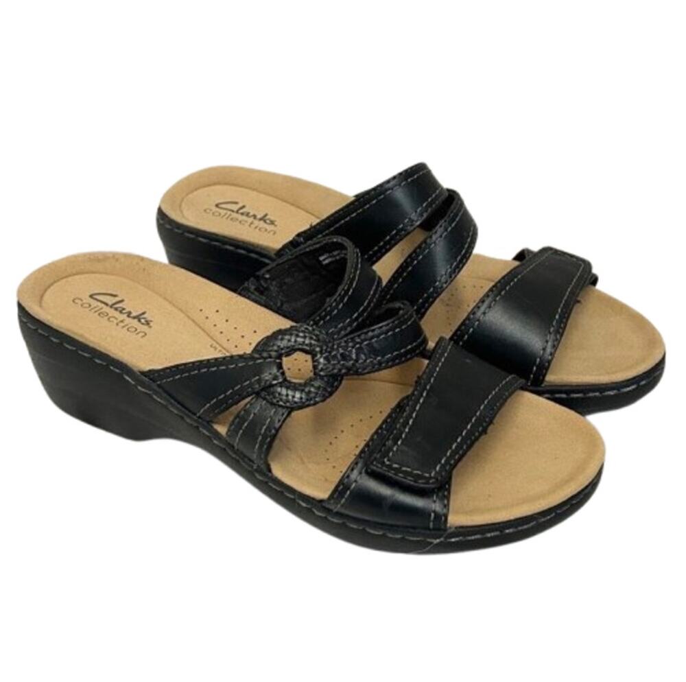 CLARKS Collection Lexi Marigold Black Leather Slide Sandals Wedge 8.5M